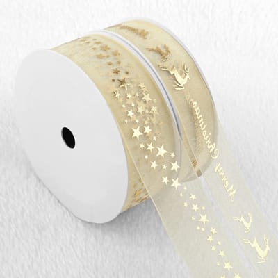2 Rollen Cadeaulint voor Kerstmis - Stervormig Decoratief Lint van Goud Organza - Perfect voor Knutselen, Cadeauverpakking en Feestdecoratie