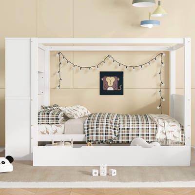 Eenpersoonsbed - Kinderbed met valbeveiliging en rail - met opbergruimte - Locker met 5 lades - Lades op wielen - naturel wit - 90x200 cm