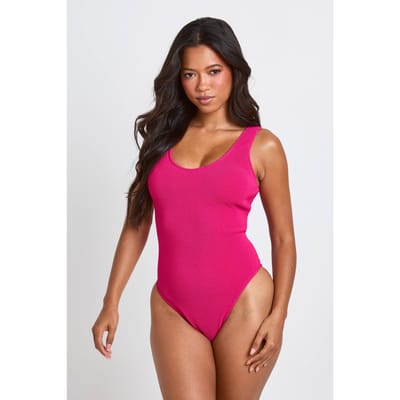 boohoo Dames Badpak Met Gestructureerde Stof En Ronde Hals | Pink | Maat: 10