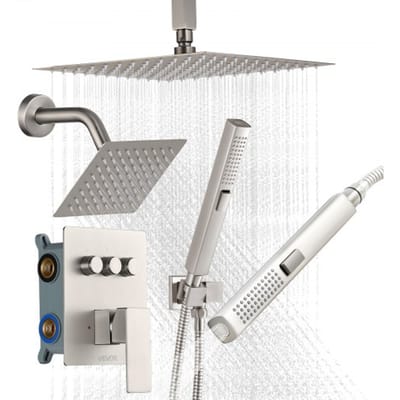 VEVOR Douchesysteemset inclusief 10 inch regendouchesysteem / 6 inch wandmontagekop / 2-in-1 handdouche, draaibare dubbele regenkop (3 functies), messing klep en afwerkingsset, geborsteld nikkel