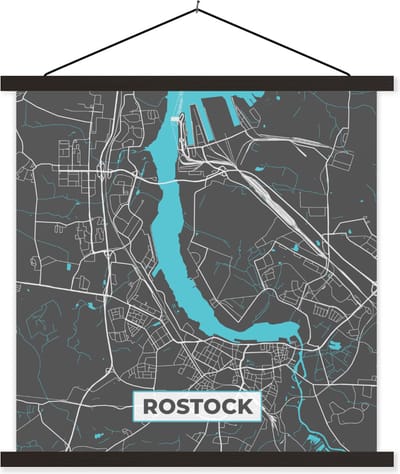 Posterhanger incl. Poster 60x60 cm - Schoolplaat - Blauw – Duitsland – Plattegrond – Stadskaart – Kaart – Rostock - Textielposter - Zwarte latten - Stadskaart
