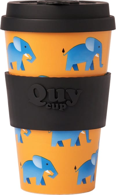 Quy Cup 400ml Ecologische reisbeker - “OLIFANT" - Gerecycleerde flessen met Zwart siliconen deksel 9x9xH15cm