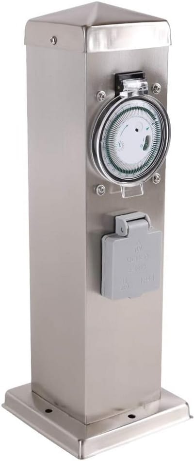 Roestvrijstalen buitensteunkolom met 2 wandcontactdozen en programmeerbare timer hoogte 35 cm