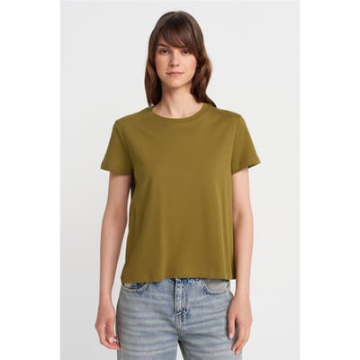 Dames Katoenen Ribbel Crewneck T-shirt