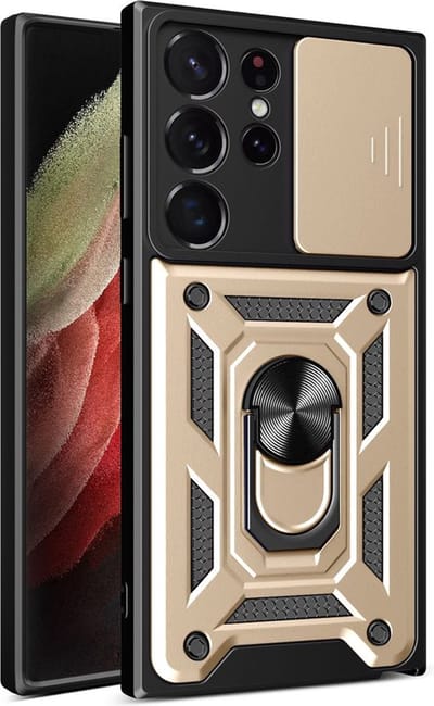 MobyDefend Hoesje - Geschikt voor Samsung Galaxy S23 Ultra - Pantsercase Met Draaibare Ring - Goud