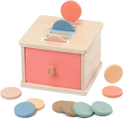 Montessori sorteerspeelgoed voor kinderen van 2-5 jaar - houten doos van 0,3 kg met permanente objecten - sensorisch speelgoed - vormsorteerder - educatief kleurensorteren - gooi- en speeldoos voor peuters en jongens - roze