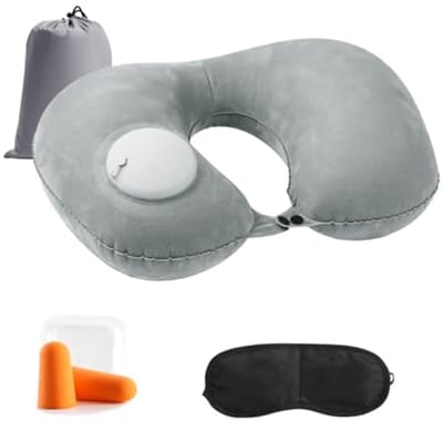 Opblaasbaar U-vormig Reiskussen met Slaapmasker en Oordopjes voor Volwassenen en Kinderen - Ideaal voor Reizen en Camping
