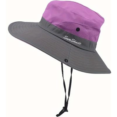 Opvouwbare Vishoed met Brede Rand voor Dames | Ademend Mesh, Paardenstaartgat, Zonbescherming, Perfect voor Lente/Zomer Buitenavonturen paars