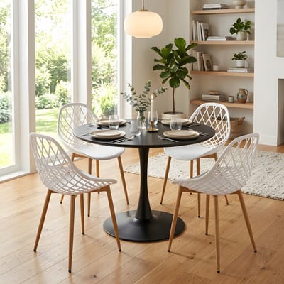 EGGREE eethoek - eettafel met 4 witte stoelen - tafel Ø 100 cm - voor bar - café en eetkamer - zwarte tafel