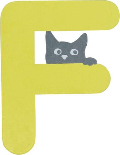 Houten Letter F Geel met Kat | 9 cm