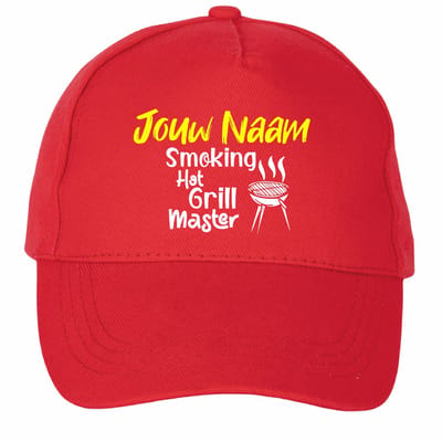 Mijncadeautje - 5 panel - BBQ Cap - Verstelbaar - Pet van 100% dik geborsteld katoen- unisex - opdruk wit - Smoking Hot Grillmaster - met voornaam - Rood