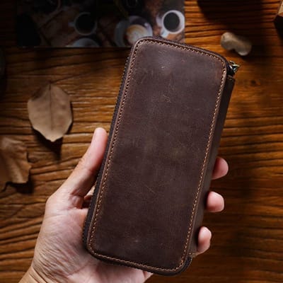 Lederen potlood etui met ritssluiting - potlood - briefpapier tas voor schoolkantoor