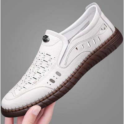 Sandalen Heren Ademende Casual Geweven Leren Sandalen Holle Gaten Schoenen Heren Grote Maat Herenschoenen 42 wit