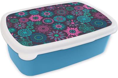 Broodtrommel Blauw - Lunchbox - Brooddoos - Neon - Bloemen - Patronen - 18x12x6 cm - Kinderen - Jongen