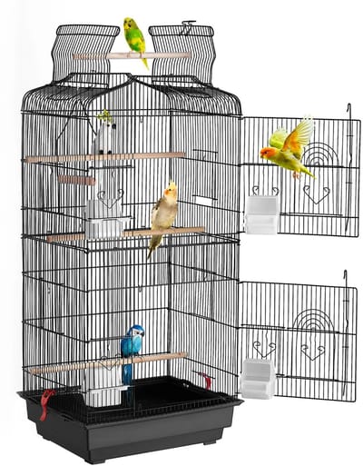 M-Goods - Vogelkooi - voor Parkieten & Valkparkieten - Grote Vogelkooi Binnen - Inclusief Zitstokken, Schommel & Voerbakken - Zwart