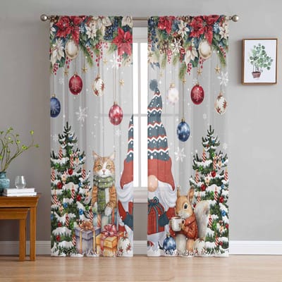 Dwerg Sneeuwvlok Kerstboom Bal Cadeau Kat Eekhoorn Transparante Gordijnen Kamerdecoratie Raamgordijn Keuken Tule Voile Gordijnen W135 x H115cm x1 gray