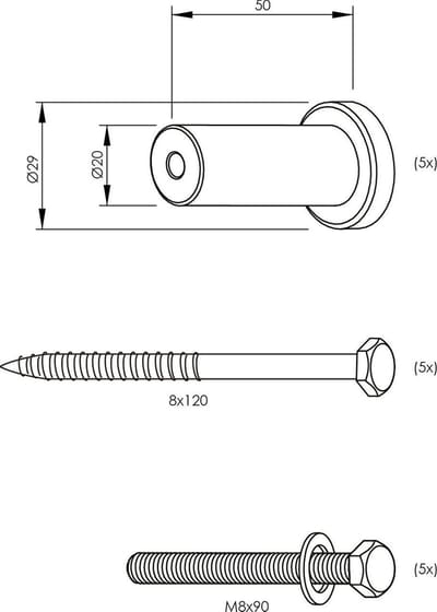 Intersteel Set van 5 verlengde ronde steunen 50mm tbv rail schuifdeursysteem mat zwart