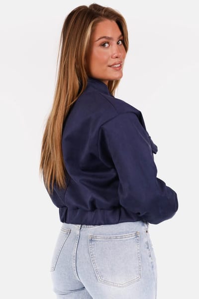 Getdrezzed Jasje - Maat: S/M - Suede look bomberjack met drukknoopsluiting donkerblauw