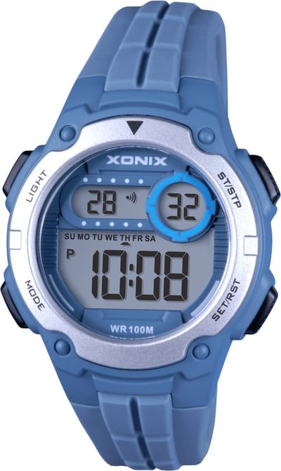 Xonix BAJ-A04 - Horloge - Polshorloge - Digitaal - Volwassenen - Tiener - Unisex - Rond - Siliconen band - ABS - Cijfers - Schermverlichting - Alarm - Datumaanduiding - Kalender - Start-Stop - Tweede tijdzone - 12h/24H - Chronograaf - Blauw - Grijs