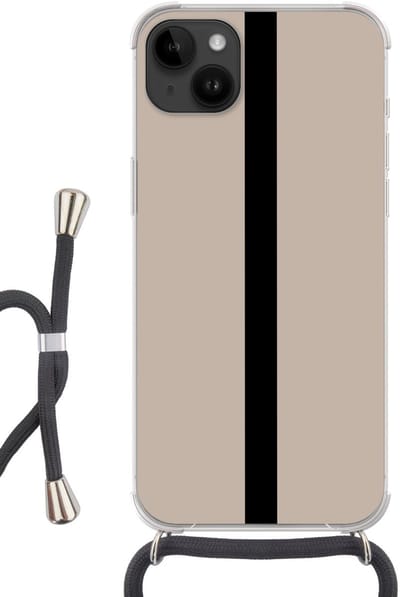 Telefoonhoesje Geschikt voor Apple Iphone 14 Max - Beige - Zwart - Streep - Minimalistisch - Siliconen - Crossbody - Backcover met Koord - Telefoonhoesje met koord - Hoesje met touw Telefoonhoesje