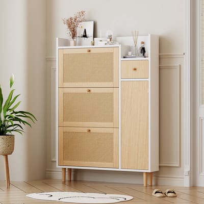 STILVORA Schoenenkast - Rattan Look Met 3 Kleppen En Lade - Smal Model Voor Hal En Slaapkamer - MDF Naturel;Wit - 90x125x17 Cm