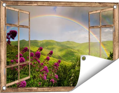 Gards Tuinposter Doorkijk Regenboog in de Heuvel Bossen - 60x40 cm - Tuindoek - Tuindecoratie - Wanddecoratie buiten - Tuinschilderij