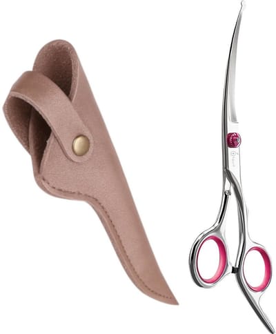 Professionele Hondenschaar – Trimschaar Ergonomisch Krom Rechts – Vacht- & Pootverzorging voor Langharige Honden – Roze + Luxe Lederen Etui – 16,5 cm – Brons