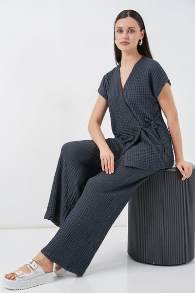 Gestructureerde V-hals Met Strikdetail Twee-delig Co-ord Set