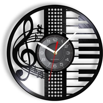 Notities Piano Muziekinstrument Vinyl Schijf Wandklok G-sleutel Wandhorloge Vintage Retro Muziek Geïnspireerd Cadeau Voor Pianoist gray