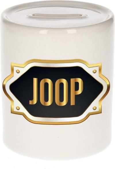 Spaarpot met voornaam Joop - wit - met goud/zwart embleem - 8 x 9 cm - keramiek - met afsluitdop - cadeau verjaardag