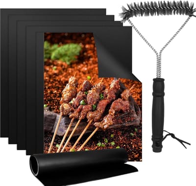 Famanu - Set grillmatten voor gasgrill - Matten voor houtskoolgrill, herbruikbaar bakpapier met antiaanbaklaag, op maat te knippen, inclusief grillborstel - Geniet van heerlijk en zorgeloos grillen