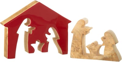 J-Line decoratie Kerststal in Huis - hout - rood/naturel - large