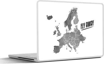 Laptop sticker - 17.3 inch - Europakaart in grijze waterverf met de quote "Fly away" - zwart wit - 40x30cm - Laptopstickers - Laptop skin - Cover