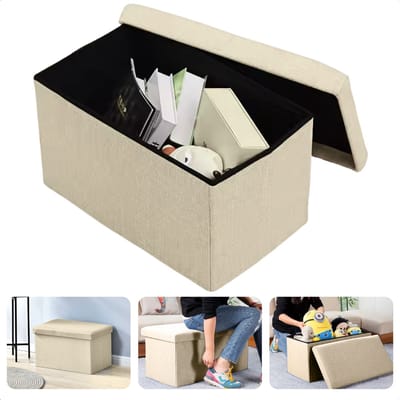 Cheqo® Opvouwbare Poef Met Opbergruimte - Beige - Grote Opbergbox - Organizer - Voetenbankje - Hocker - MDF en Katoen