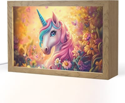 Nachtlampje 30x20 cm - Kinder lampje - Eenhoorn - Roze - Kleurrijk - Sprookjesbos - Tafellamp kinderkamer - Slaapkamer lamp - Bedlamp kinderen - Kinderlampje stopcontact - Wandlamp babykamer - Nachtlampjes