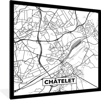 Fotolijst incl. Poster Zwart Wit- België – Châtelet – Stadskaart – Kaart – Zwart Wit – Plattegrond - 40x40 cm - Posterlijst