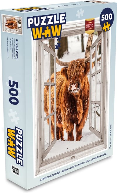 Puzzel Schotse Hooglander - Sneeuw - Winter - Natuur - Dier - Doorkijk - Landelijk - Legpuzzel - Puzzel 500 stukjes