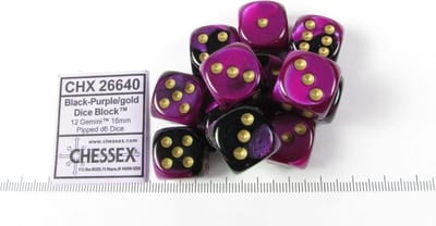 Chessex Gemini Black-Purple/gold D6 16mm Dobbelsteen Set (12 stuks)