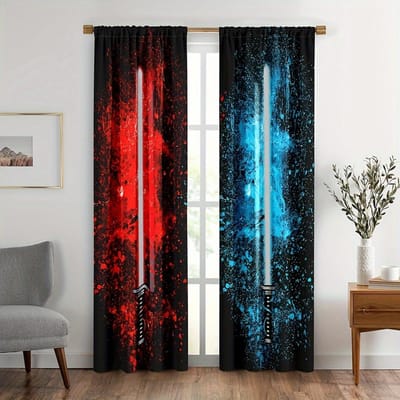 2 stuks Rood Blauw Lichtzwaard Gordijnen voor Jongens Meisjes Coole Gamerkamer Decor Tie Dye Stangtunnel Gordijnen Raam voor Slaapkamer. 150x166cm blue