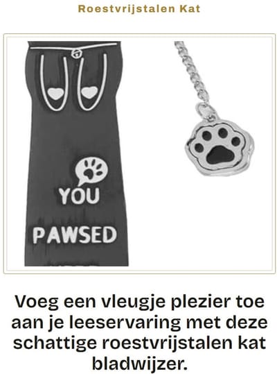 Dailygoods - Roestvrijstalen Kat Bladwijzer met Poot Charm