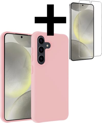 Hoesje - Met Screenprotector - Geschikt voor Samsung Galaxy S24 - Sterk & Shockproof - Back Cover - Siliconen Case - Telefoon Hoes - Telefoonhoesjes - Lichtroze