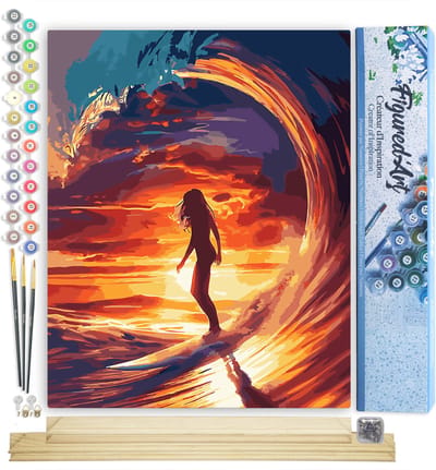 Figured'Art Schilderen op Nummer Volwassenen canvas Surfer meisje en de grote golf- Handwerk acrylverf Kit DIY Compleet - 40x50cm met DIY houten lijst