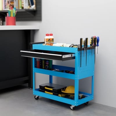 MEUNIQ gereedschapskar 82 x 35 x 76 cm met 3 niveaus, 1 lade, 4 wielen en zijhandgreep, stalen gereedschapswagen voor werkplaats of garage, blauw