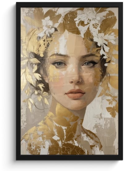 Poster in lijst - Fotolijst 40x60 cm - Posters - Gezicht - Vrouw - Bladeren - Goud - Posterlijst zwart - Decoratie - Wanddecoratie woonkamer - Muurdecoratie slaapkamer