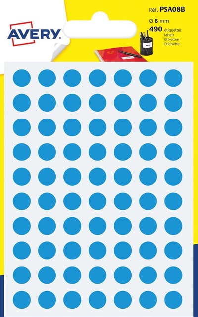 Etiket Avery 8mm rond         blister 490st blauw