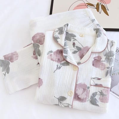 Pyjama met bloemenprint voor dames Lente Herfst Nachtkleding Broekpakken Zachte Katoenen Gaas Nachtkleding Nachtkleding Losse Casual Homewear XL wit