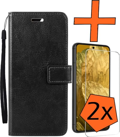 Hoes - Met 2x Screenprotector - Geschikt voor Google Pixel 8a - Luxe Pasjeshouder - Bookcase Portemonee - Flip Case - Kunstleer Book Case - Flipcase Hoes - Book Cover - Walletcase - PortemonneeHoes - Zwart