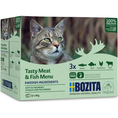 Bozita Stukjes in Gelei Pouch 12 x 85 g Kattenvoer - Mixpaket Fisch & Fleisch Menü (4 Sorten)