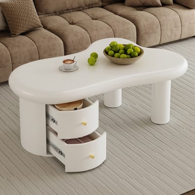 DESMIU Woonkamertafel - Organische Vorm Met Twee Lades - Voor Woonkamer En Multifunctioneel Gebruik - Wit MDF - 97 X 64 X 42 Cm