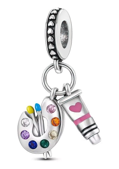 Fler® | Bedel | Past op populaire bedel armbanden (standaard-3mm) | armbandbedel | Artiesten Palet Bedel met verf tube | Schilderen charm | Hangbedel Charm | 925 sterling zilver | Zirkonia | Roze emaille | Valentijn kado